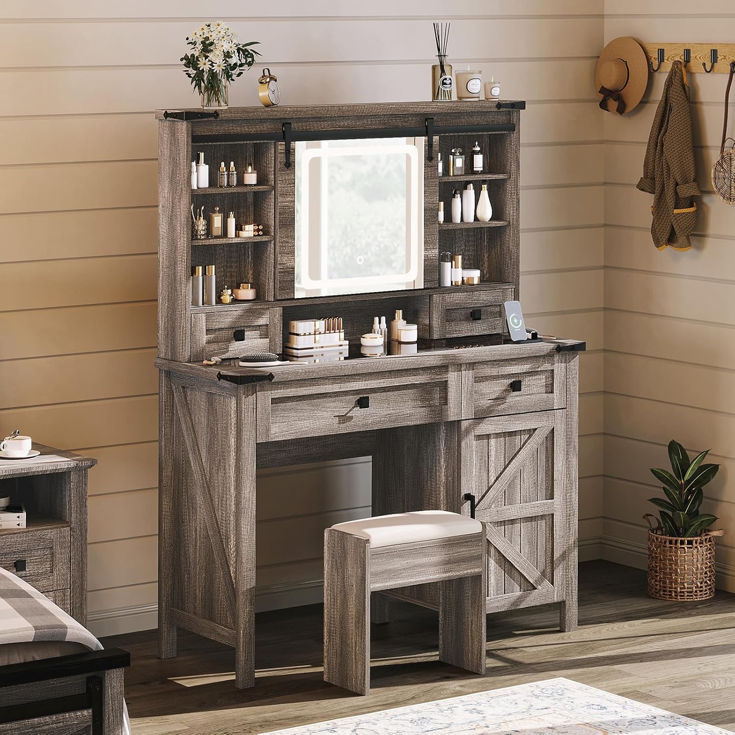 AMERLIFE Farmhouse Vanity Desk with Sliding Mirror & Lights