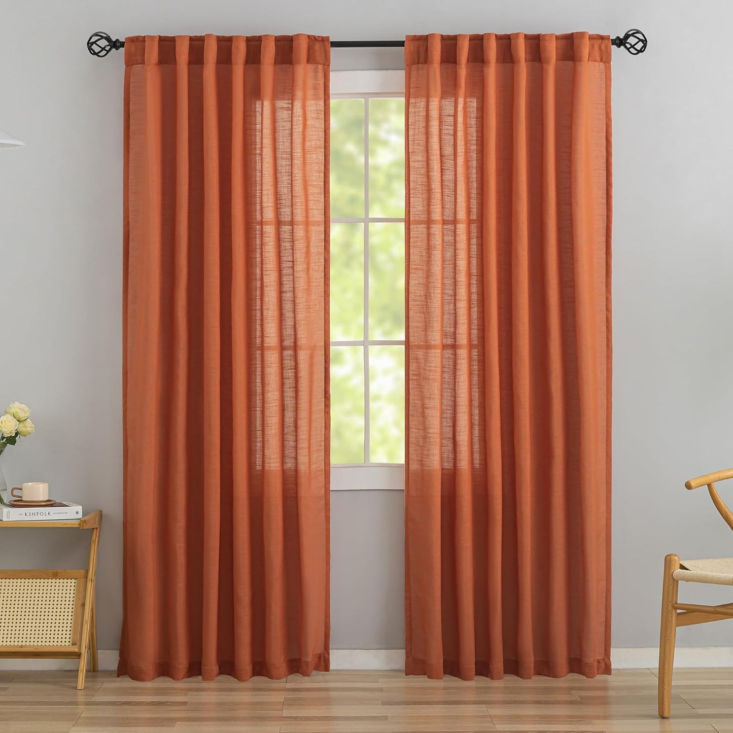 Burnt Orange Linen Back Tab Curtains for Bedroom Decor