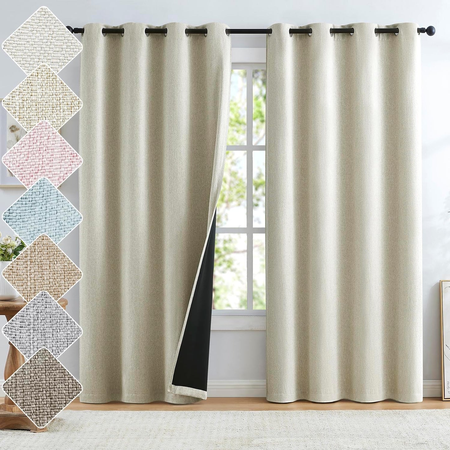 Natural Linen Blackout Curtains for Bedroom, 84 inch Long