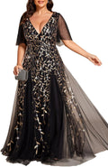 Plus Size V-Neck Sequin Embroidery A-Line Evening Dress for Women