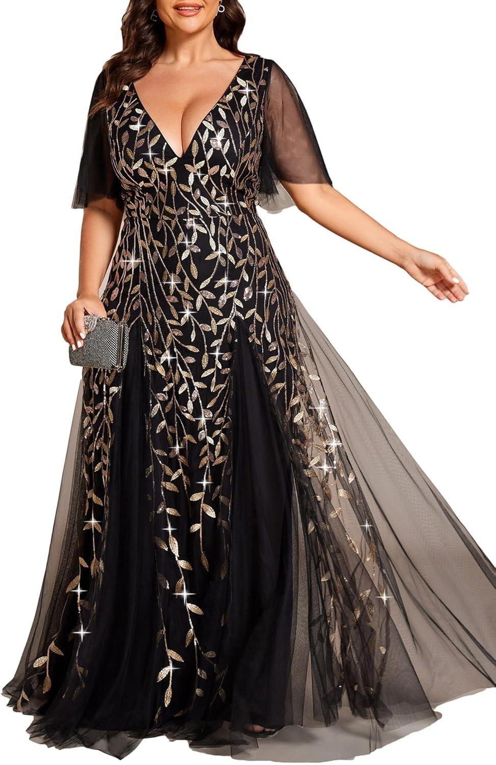 Plus Size V-Neck Sequin Embroidery A-Line Evening Dress