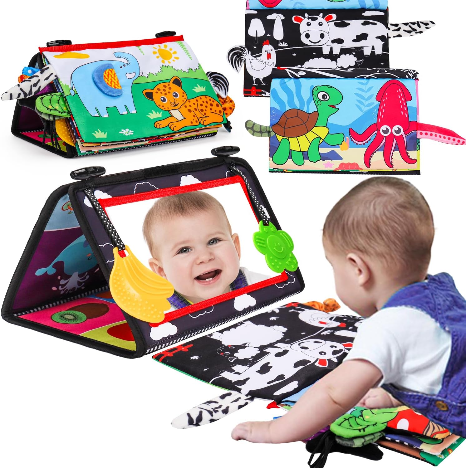 High Contrast Baby Mirror & Crinkle Cloth - Sensory & Tummy Time Toy