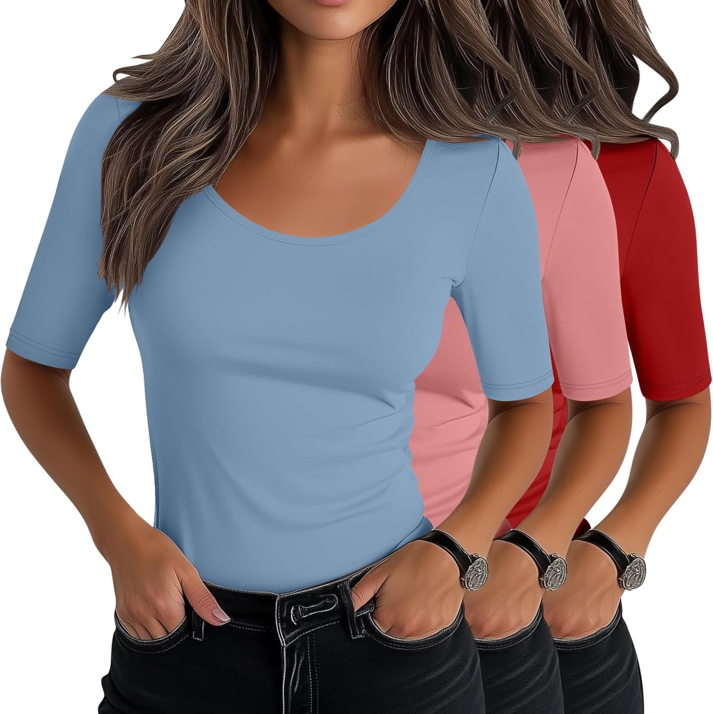 Neer Women's Scoop Neck Stretchy Tops for Casual Summer Wear