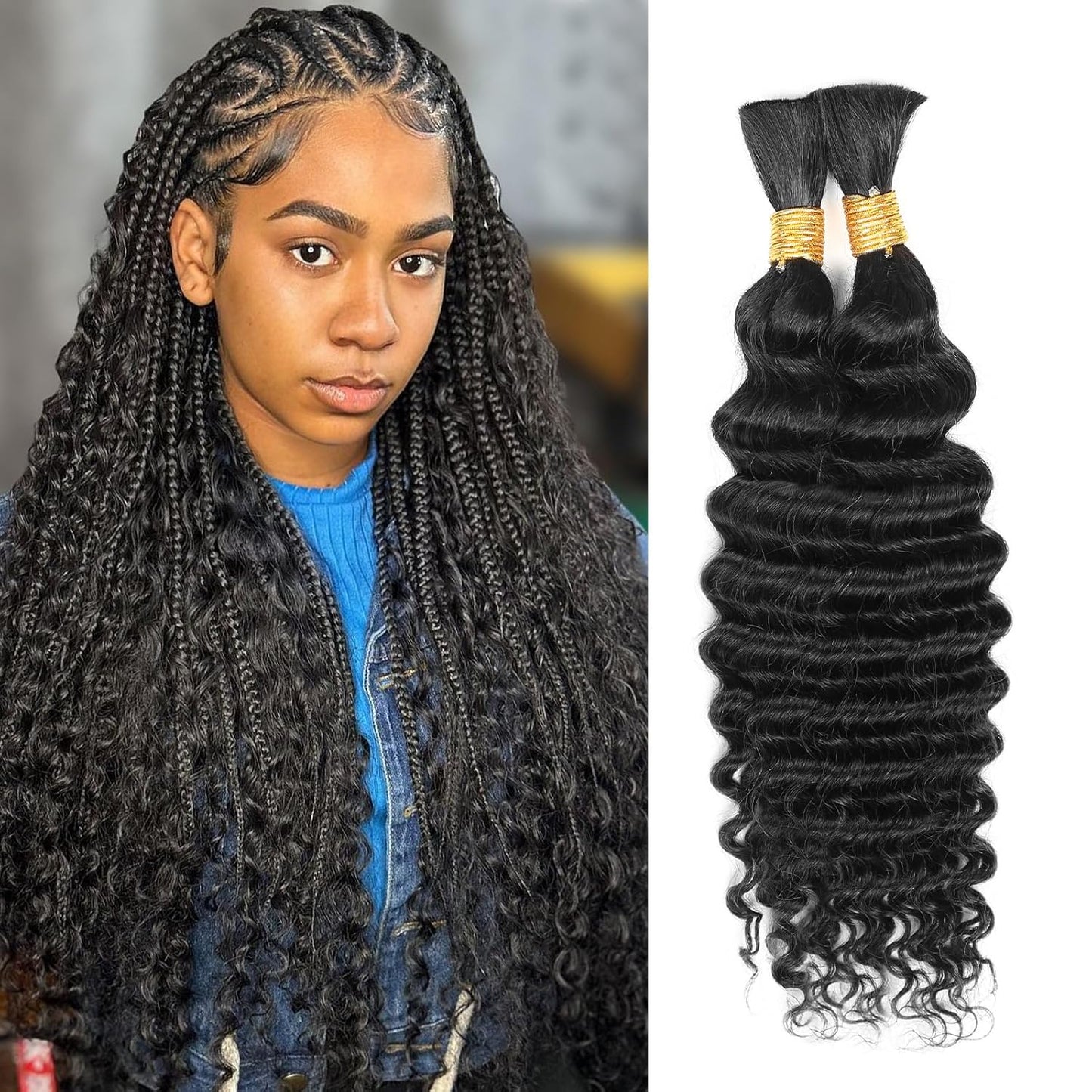 Human Braiding Hair 22 Inch Deep Wave Bulk for Knotless Braids