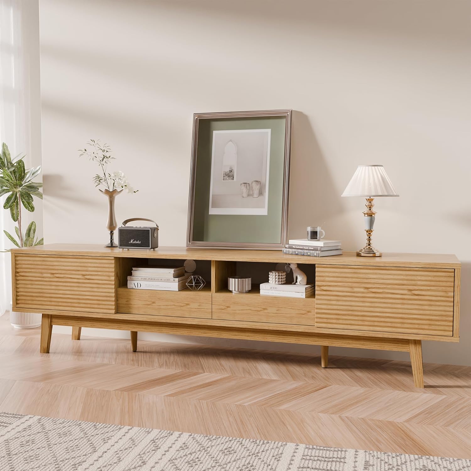 TOLEAD Boho Oak TV Stand: Fluted Doors, Low Profile