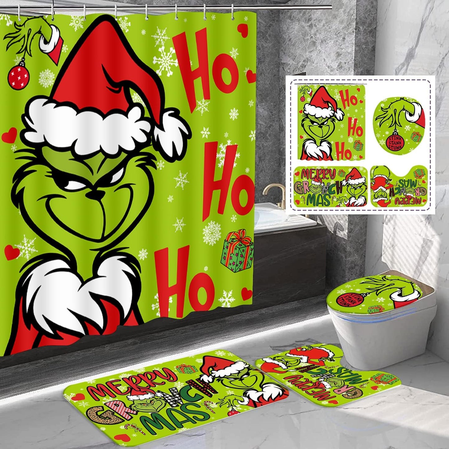 4 Pcs Christmas Bathroom Set with Grinch Design for Holiday Cheer