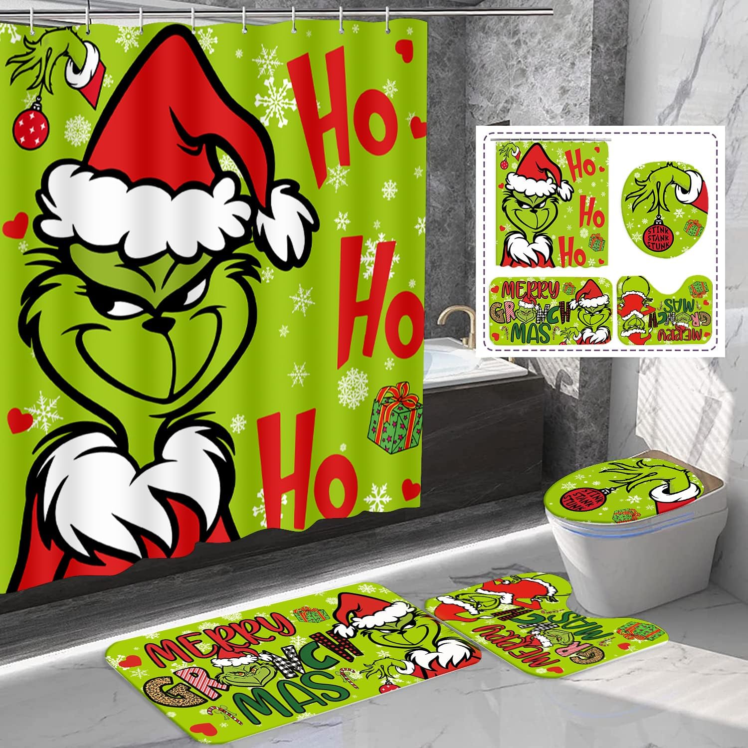 4 Pcs Christmas Bathroom Set with Grinch Design for Holiday Cheer