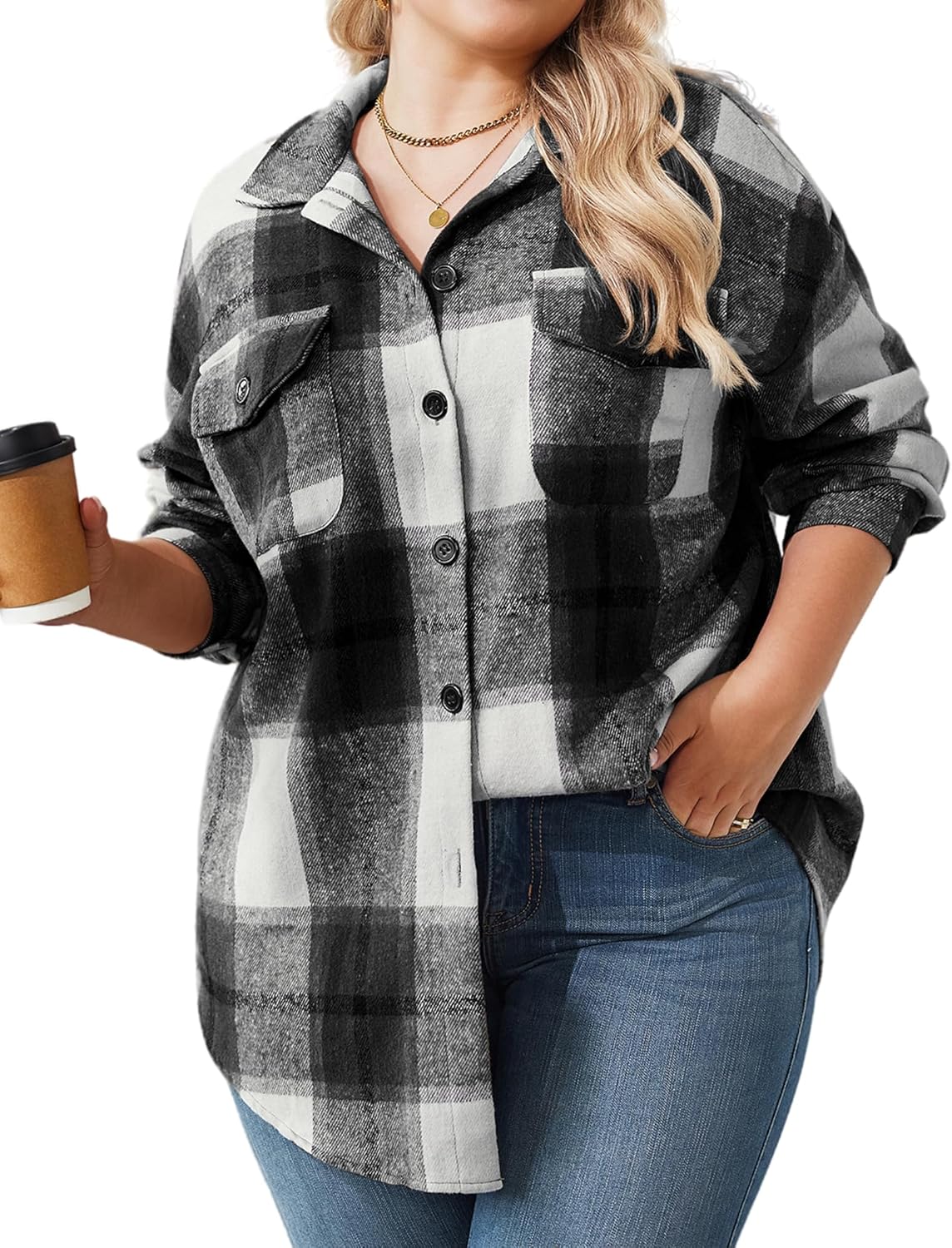 Plus Size Flannel Plaid Shacket for Women - Stylish Fall Jacket