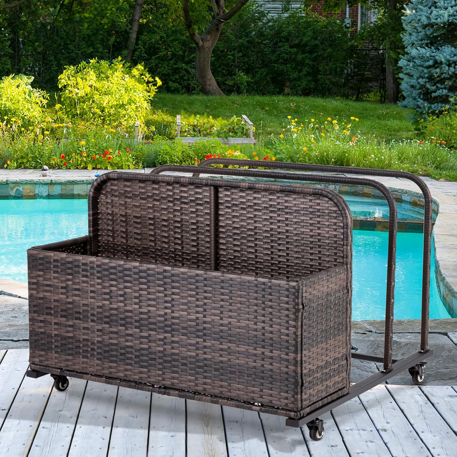 LUCKWIND Poolside Float Storage Organizer with Wheels & Basket