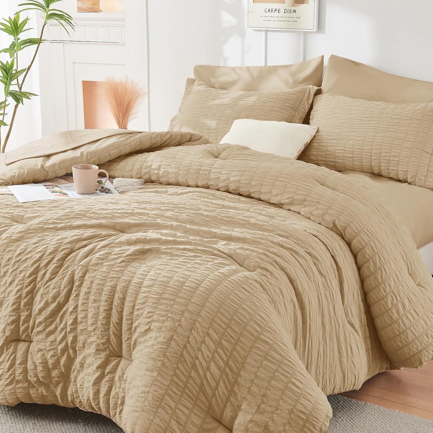 HYMOKEGE Khaki Queen Comforter Set for All Season Luxury Bedding