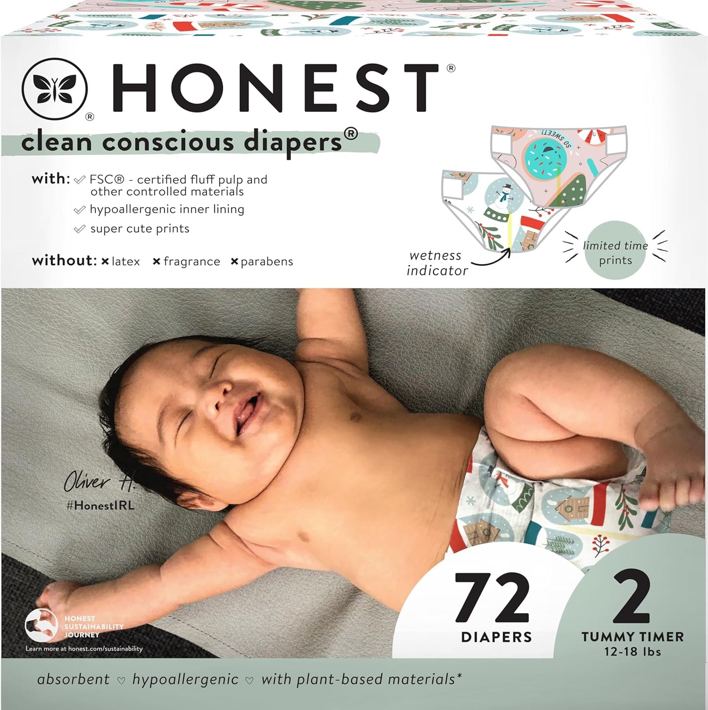 Honest Co. Plant-Based Diapers | Winter '24 Limited Prints | Size 2, 72 ct