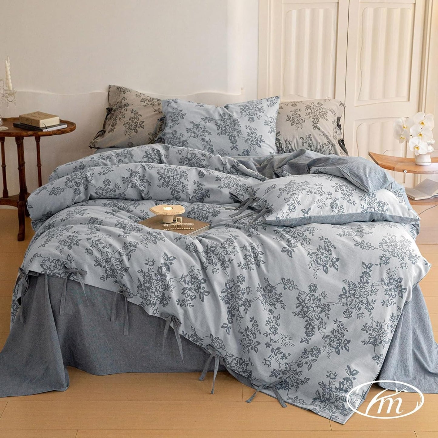 Luxurious King Size Linen Cotton Duvet Cover Set with Floral Design