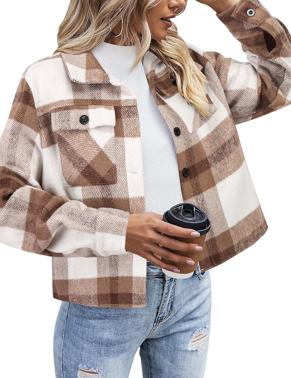 Stylish Cropped Flannel Shacket Jacket for Women in Plaid