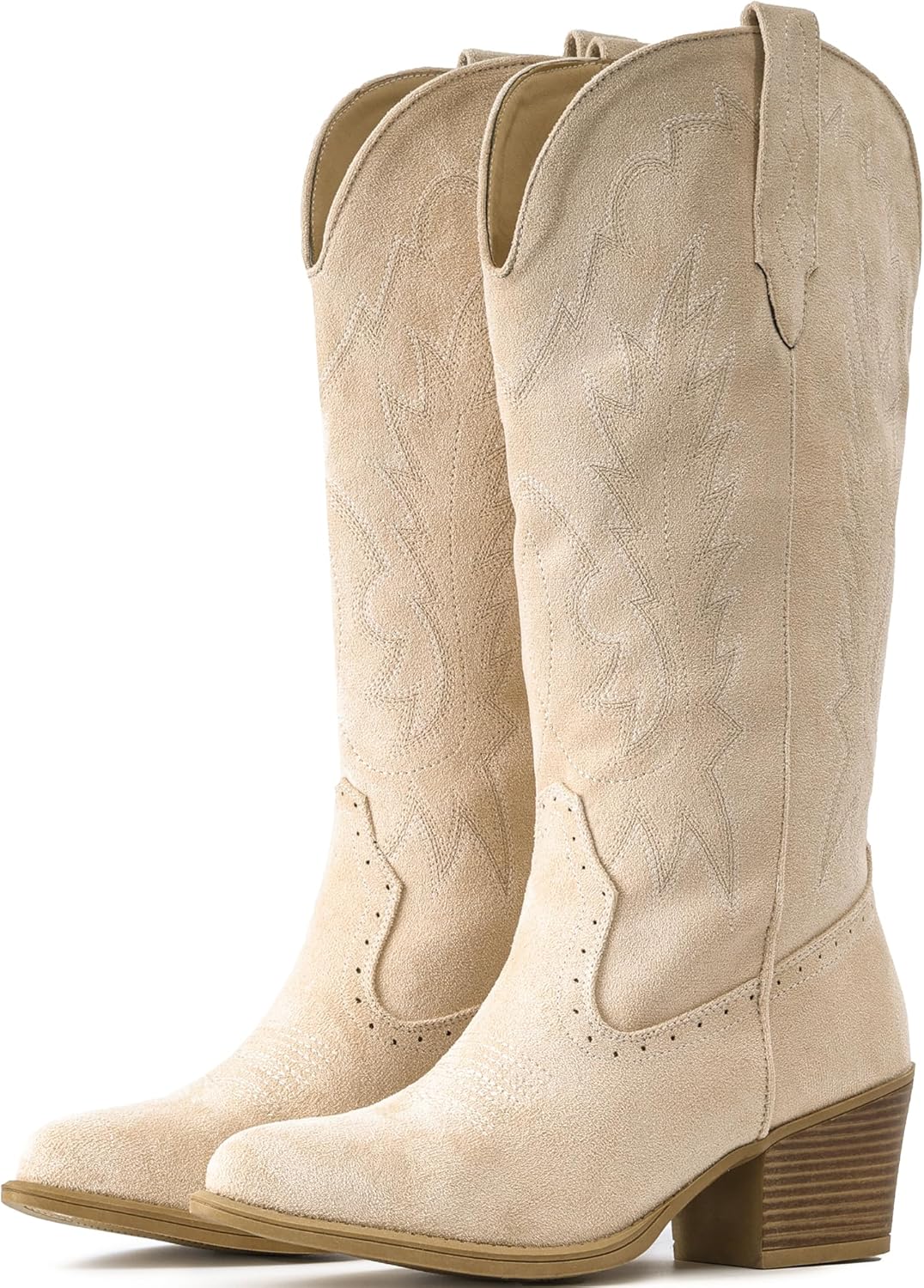 IUV Suede Cowboy Boots for Women with Chunky Heel and Embroidery