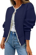 ZESICA Women's Open Front Cardigan Sweater - Pearl Trim Cozy Coat