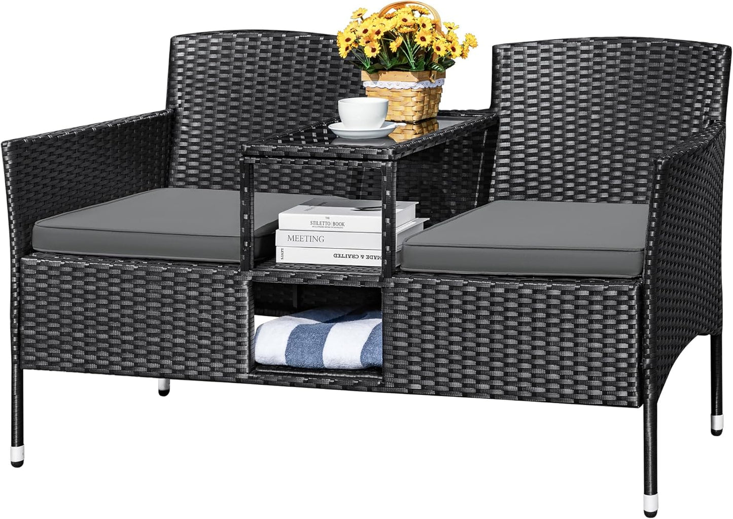 Devoko Outdoor Patio Loveseat Modern Rattan 2-Seat Set