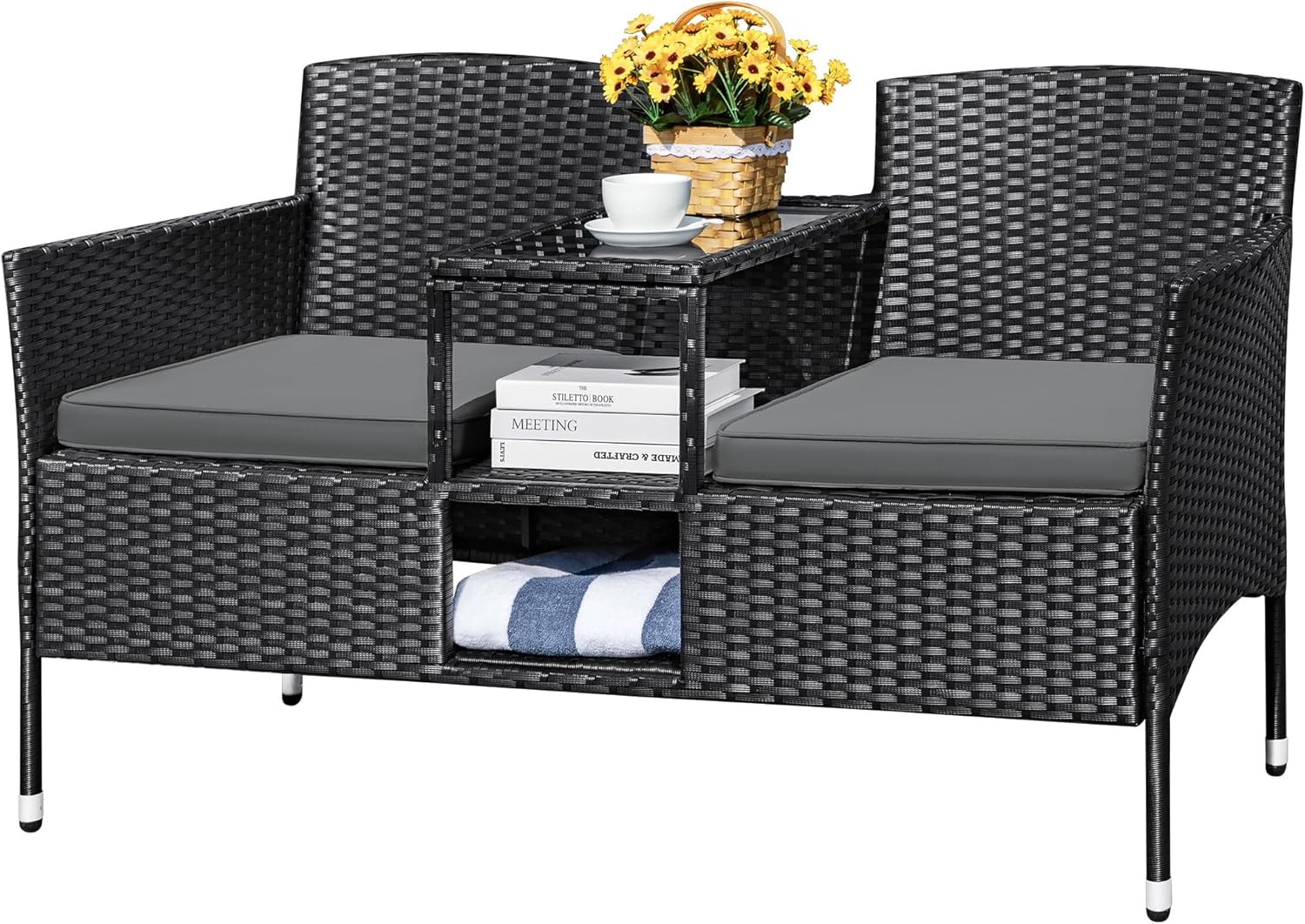 Devoko Outdoor Patio Loveseat Modern Rattan 2-Seat Set