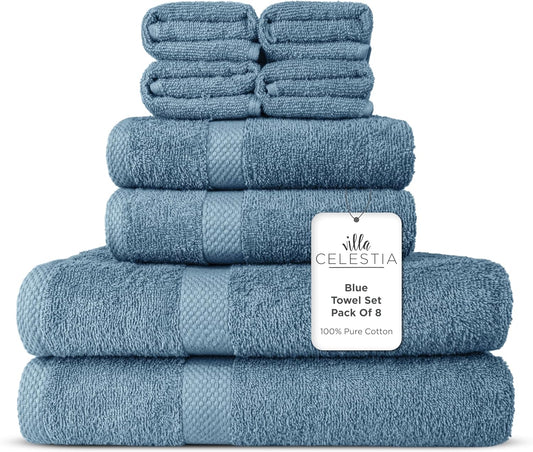Luxurious 100% Combed Cotton Bathroom Towel Set of 8 in Blue