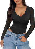 Lace V Neck Bodysuit Long Sleeve - Flattering Y2K Going Out Top