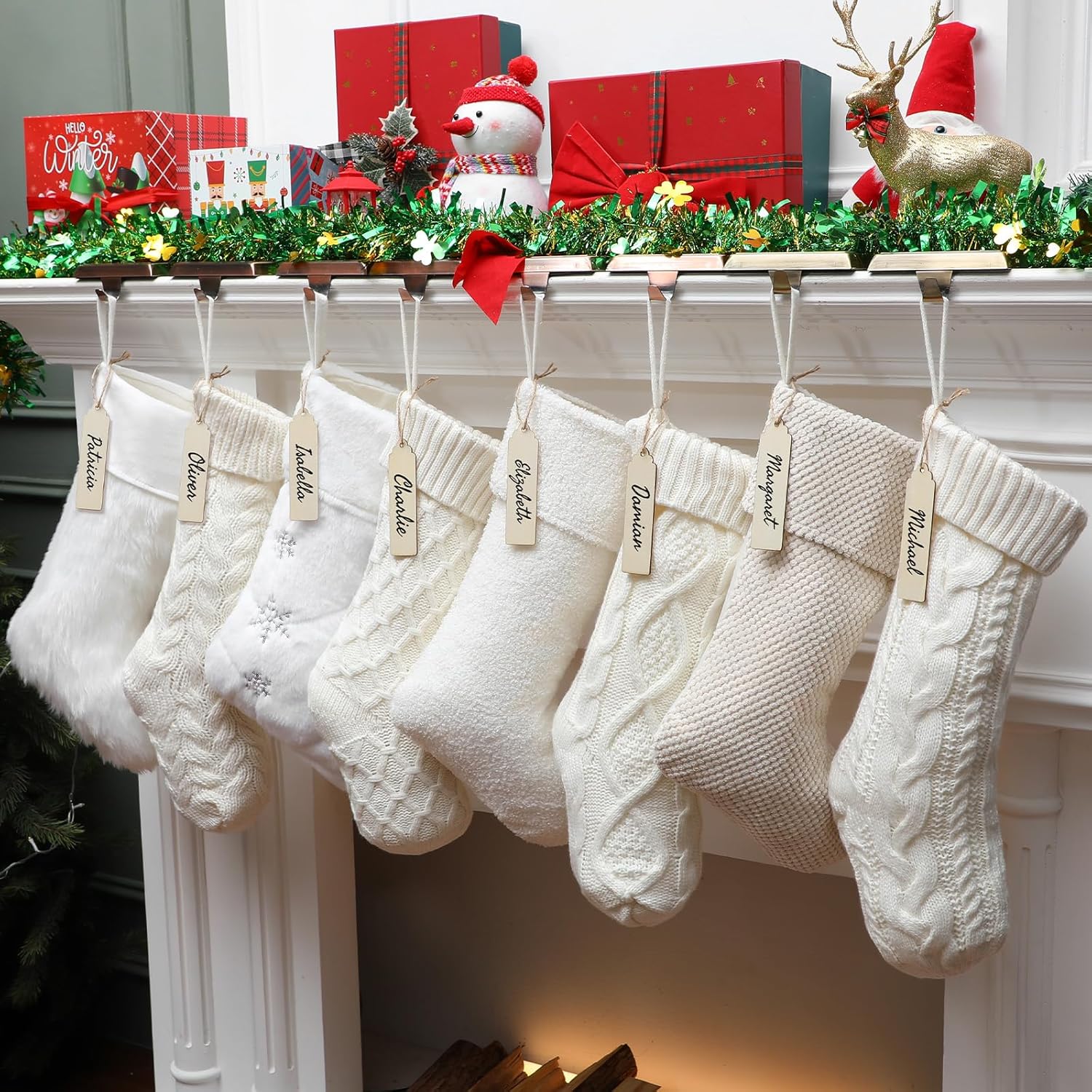 Rustic Christmas Stockings Set with Plush Faux Fur Name Tags