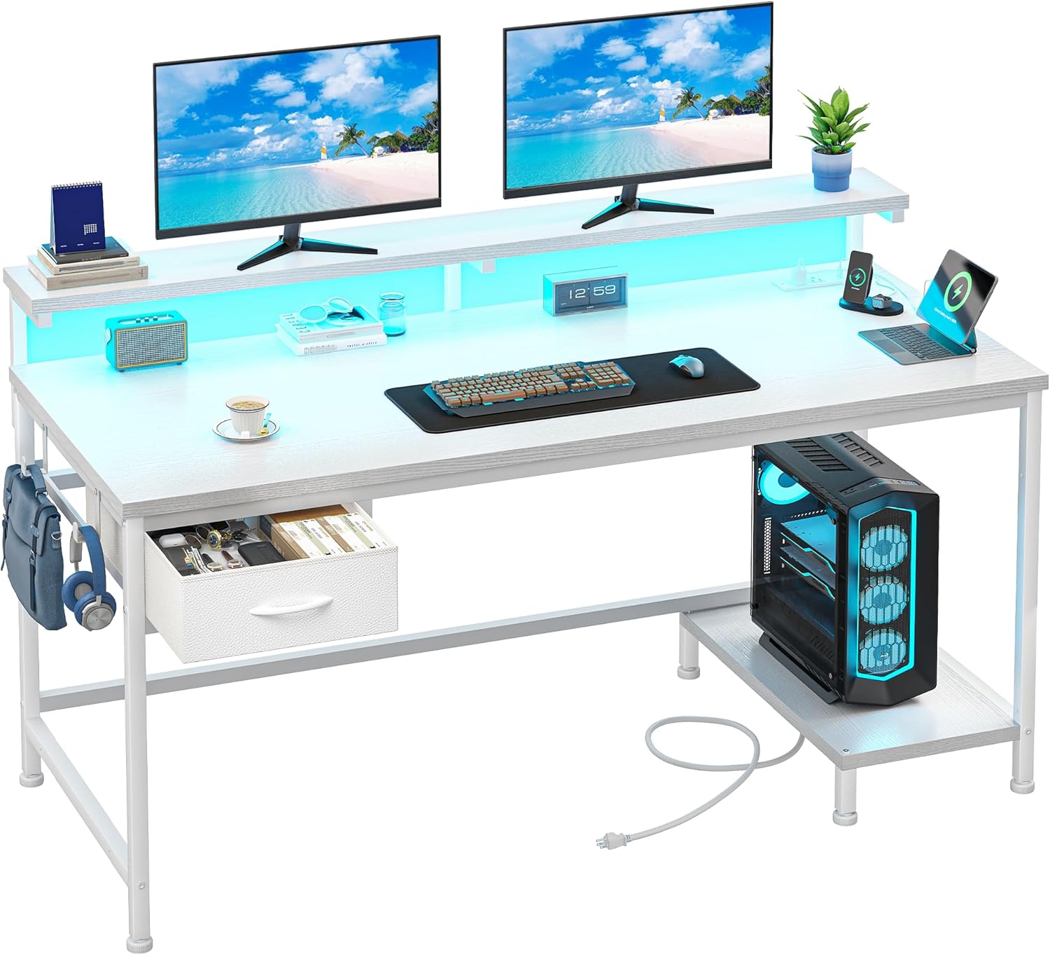 39.3Inch Computer Desk with Power Outlet & LED Lights for Gaming