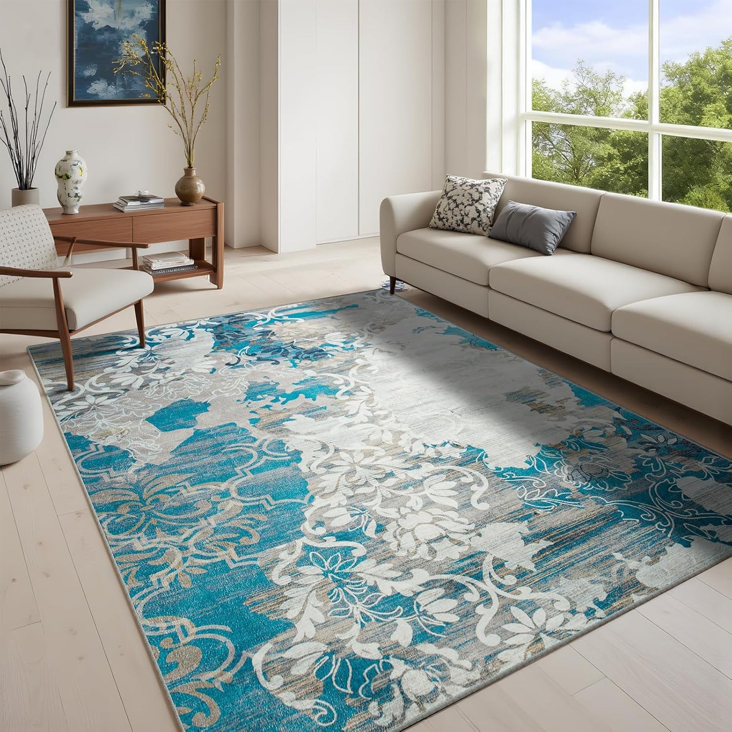 Living Room Rug Washable Abstract Non-Slip Backing 6x9 Blue