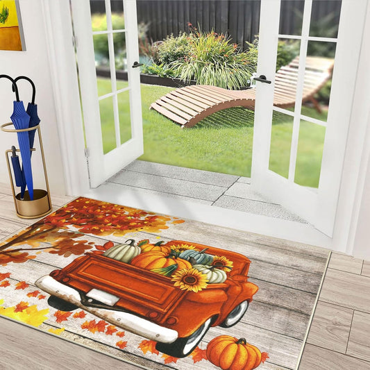 U'Artlines Fall Front Door Mat with Vintage Truck and Pumpkin