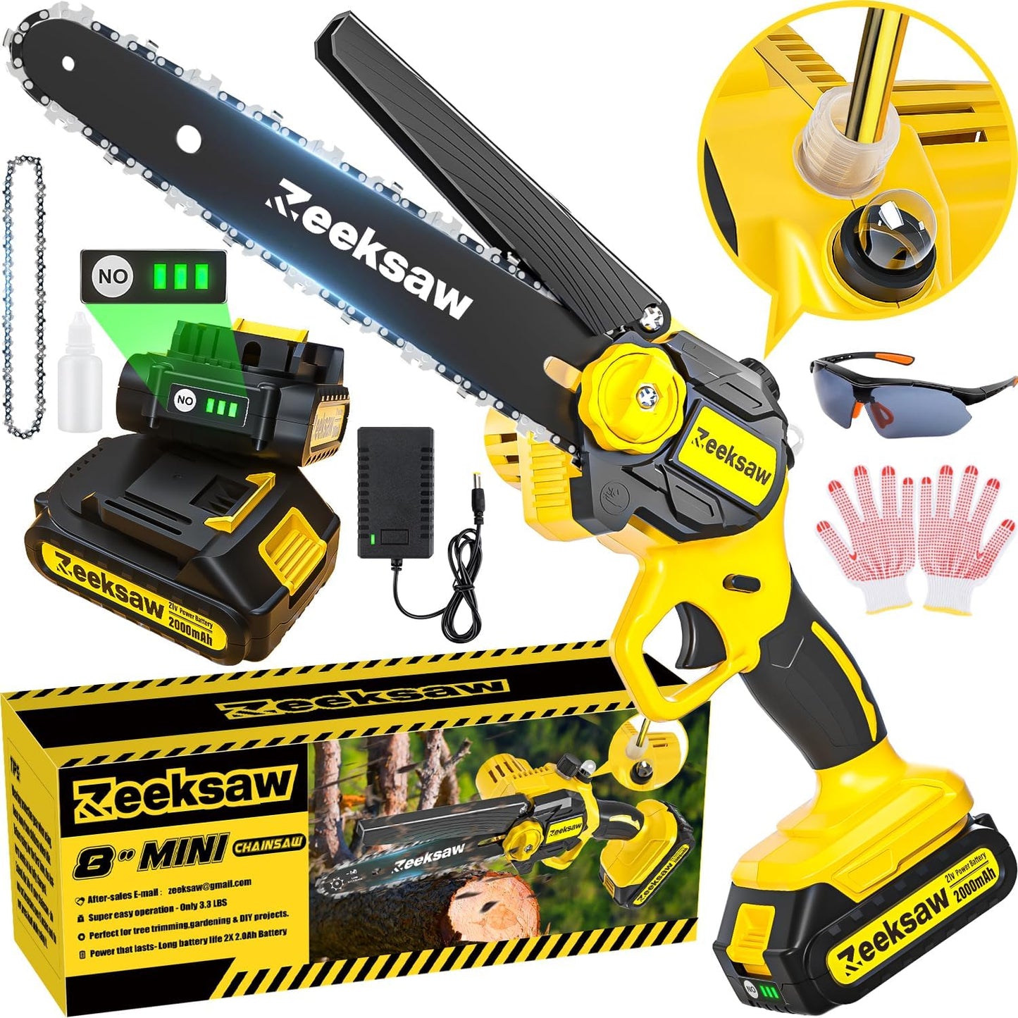 Mini Chainsaw Cordless 8 inch with Auto Oiler and Tensioning