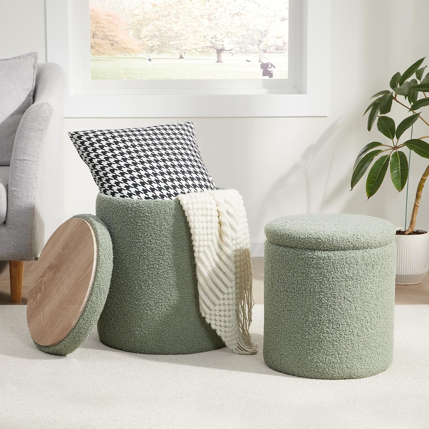 Boucle Round Ottoman with Storage Set of 2 for Living Room