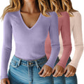 Women V Neck Ribbed Long Sleeve Shirt 3-Pack - Cotton Slim Fit