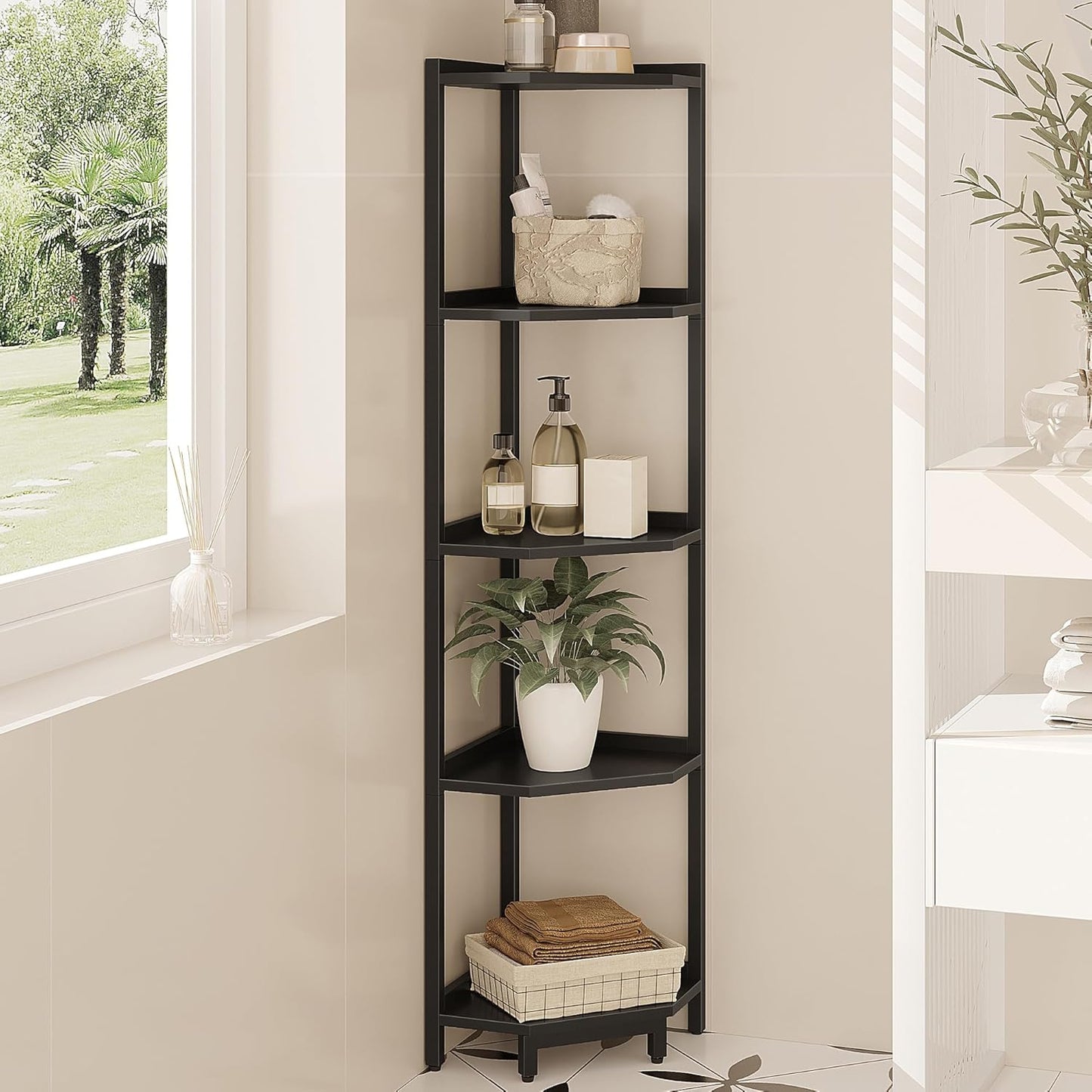 Corner Shelf Stand for Home Office and Living Room Storage