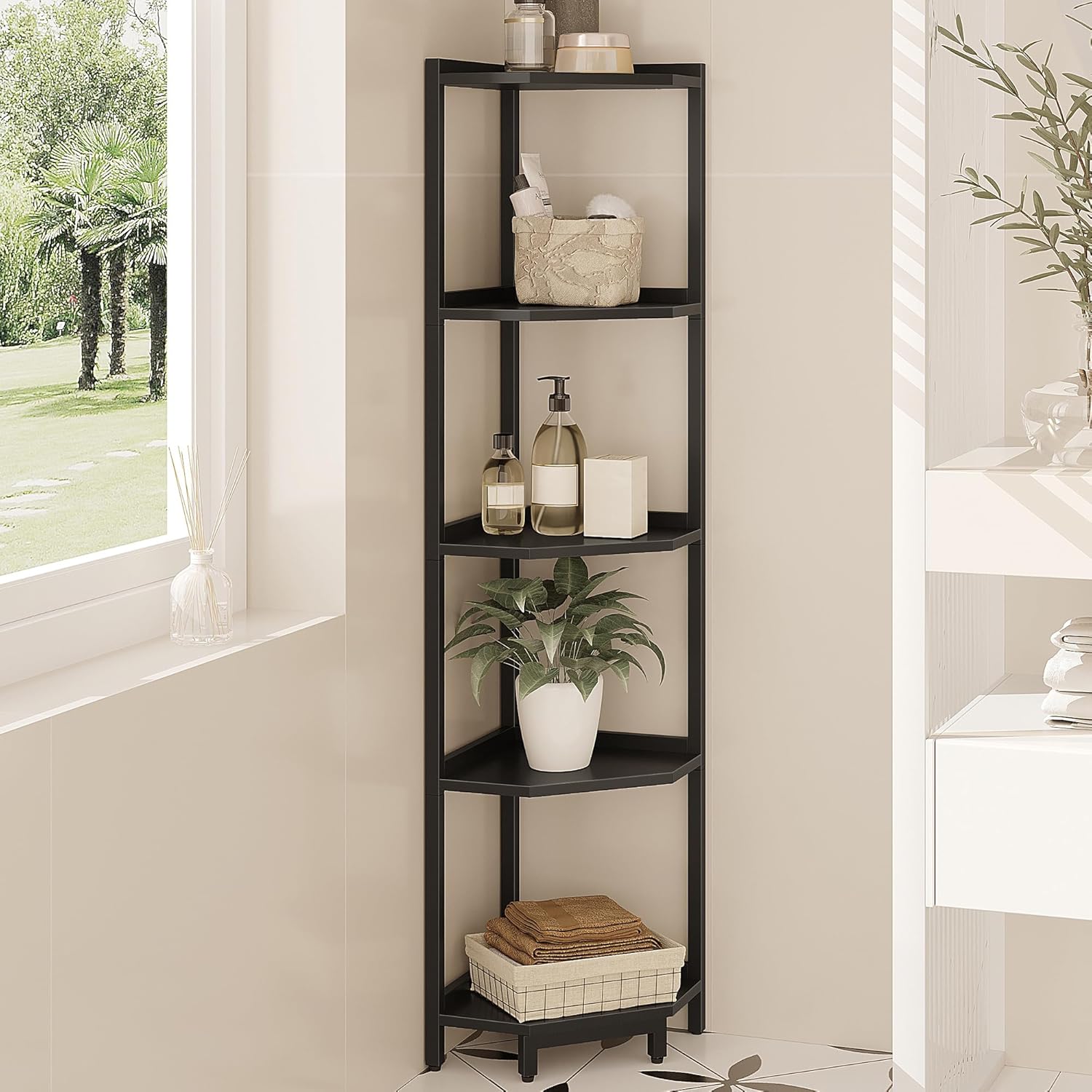 Corner Shelf Stand for Home Office and Living Room Storage