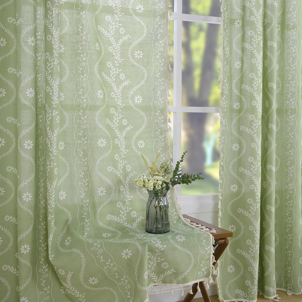 Green Linen Sheer Curtains for Boho Farmhouse Style Decor