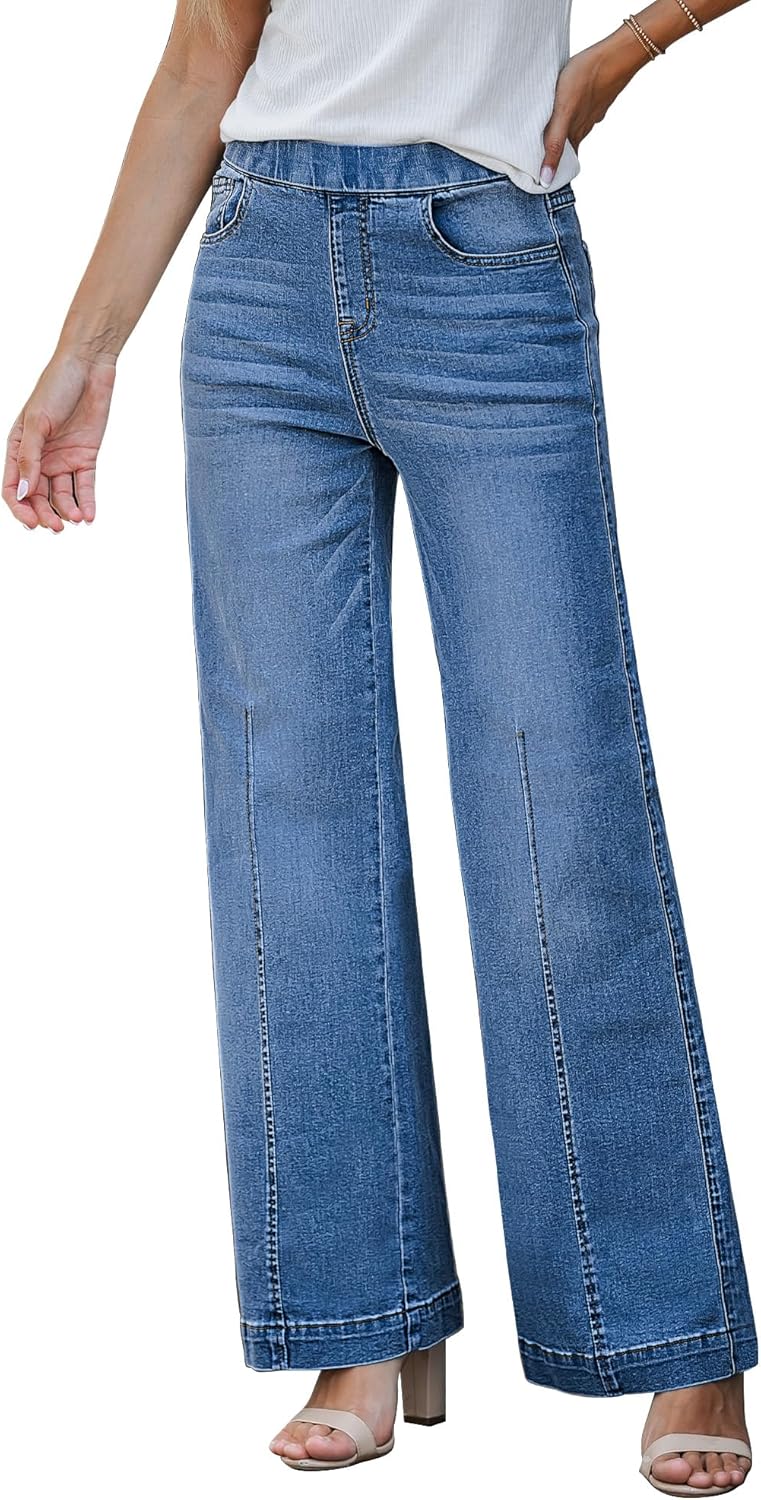 GRAPENT Pull On Womens Jeans Baggy Stretchy High Waisted Denim
