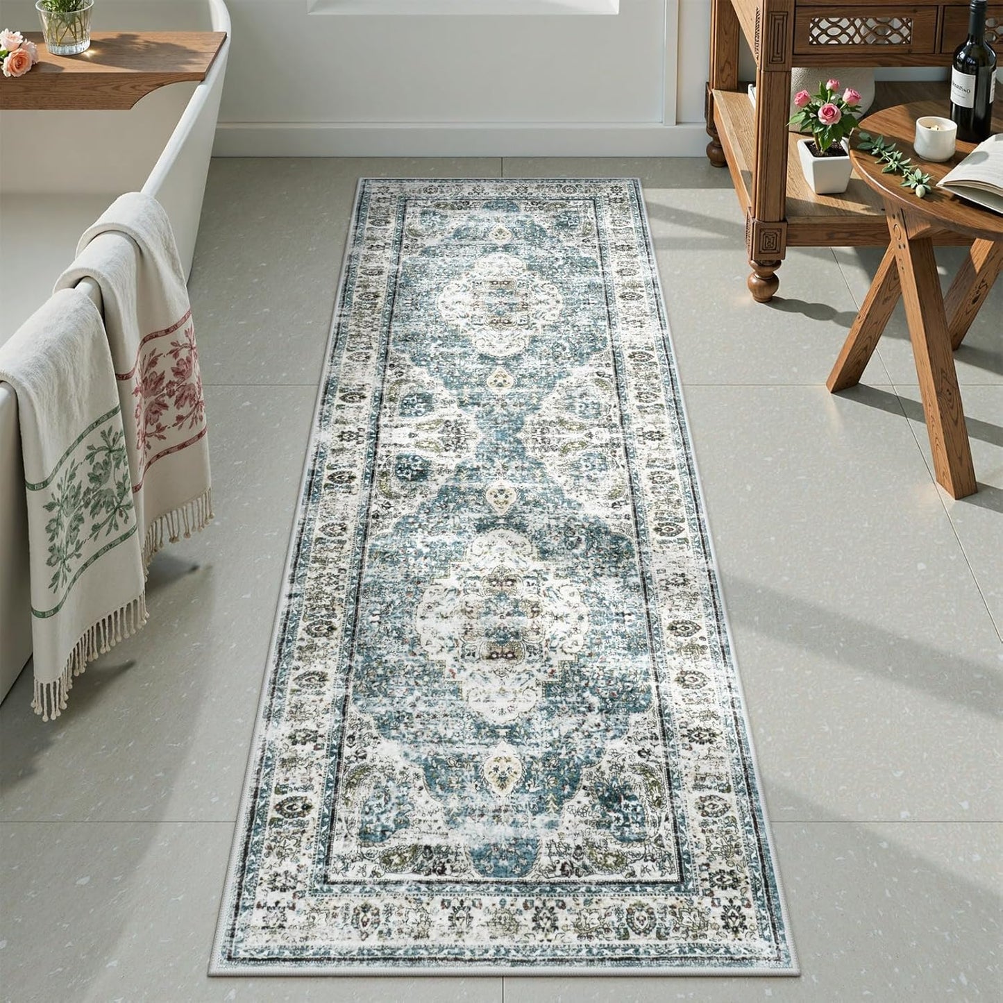 Uphome Bathroom Rugs Runner - Vintage Boho Blue Bath Mat