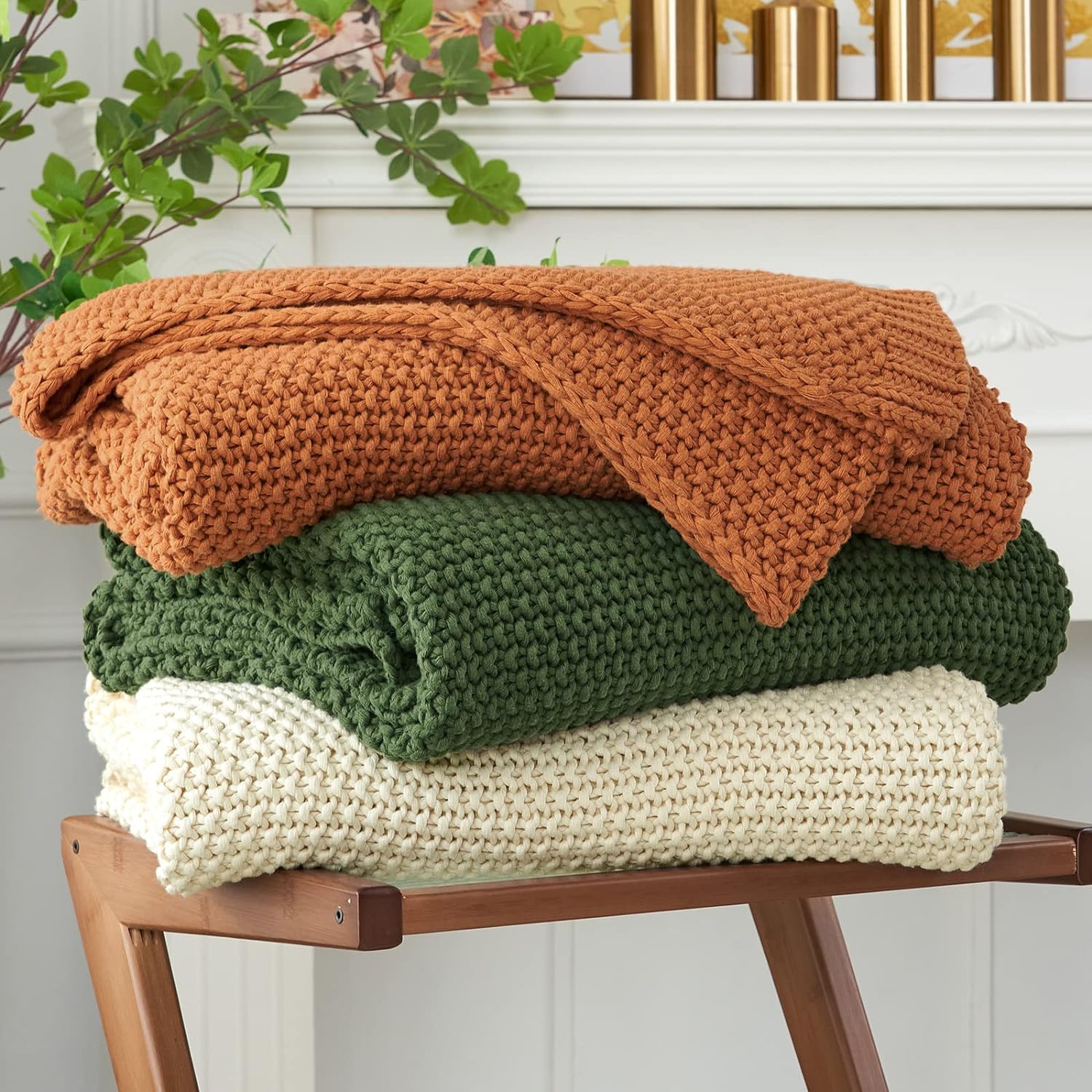 Chunky Cable Knit Throw Blanket in Burnt Orange for Cozy Living
