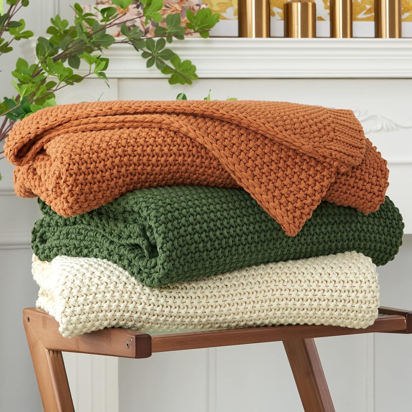 Chunky Cable Knit Throw Blanket Lightweight Beige for Home