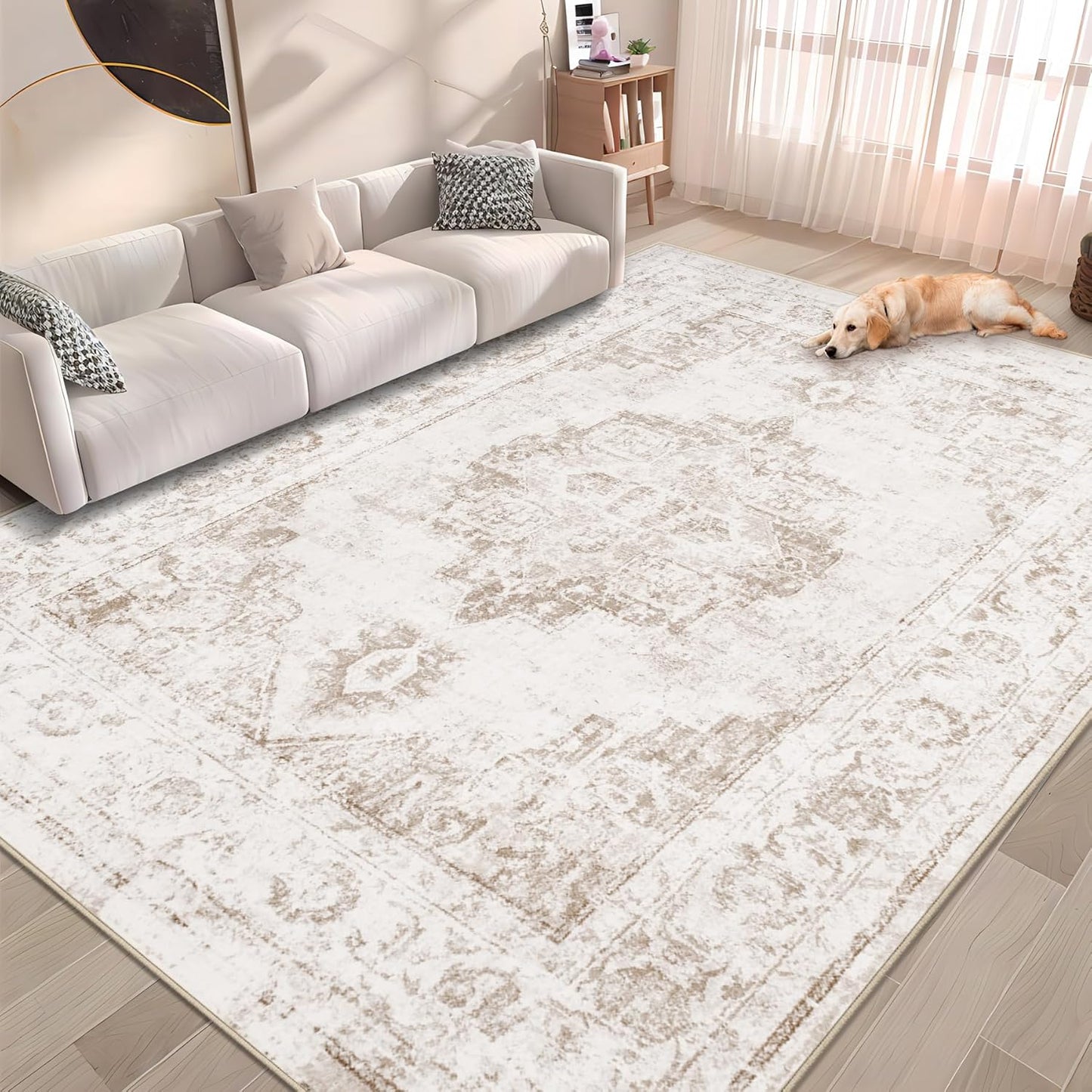 Vintage Area Rug 5x7: Washable Low Pile Distressed Carpet
