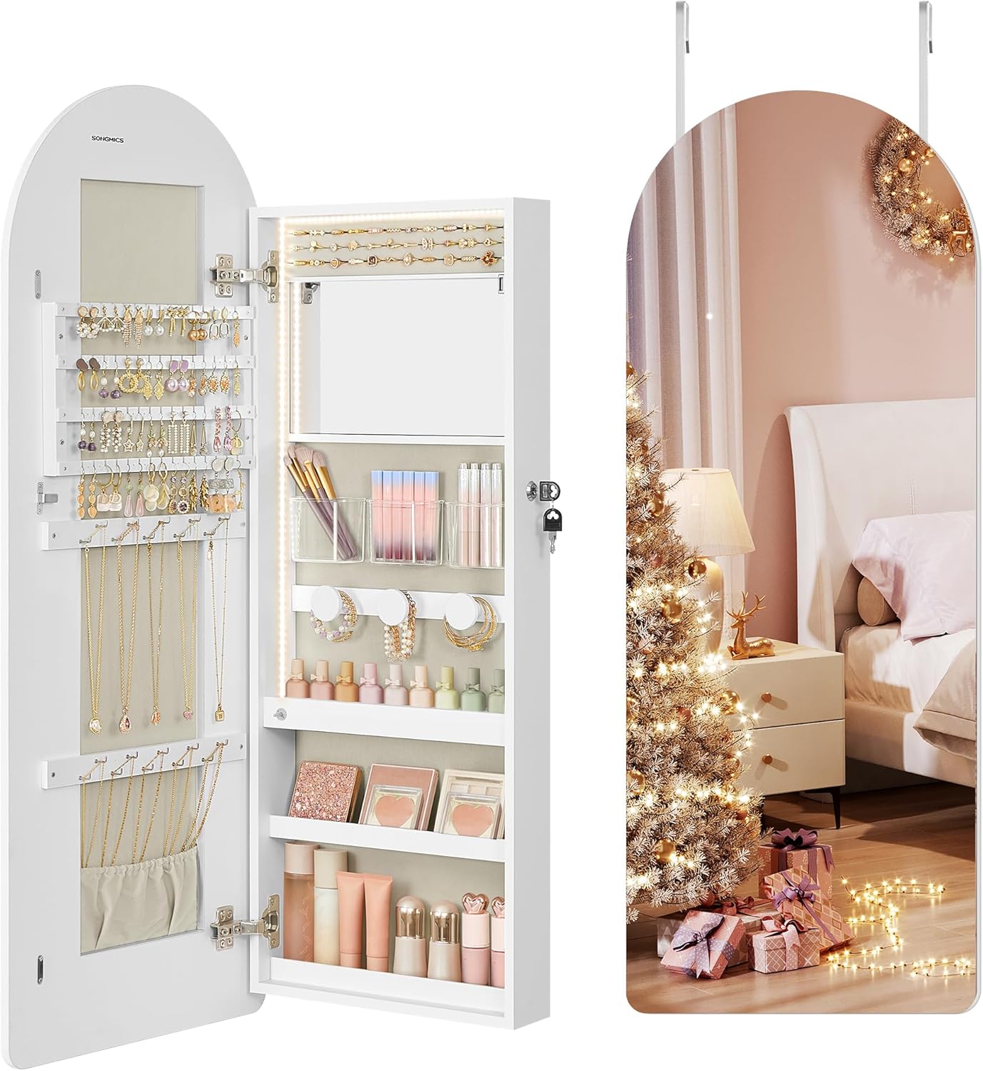 SONGMICS Wide Jewelry Organizer with LED Mirror and Storage