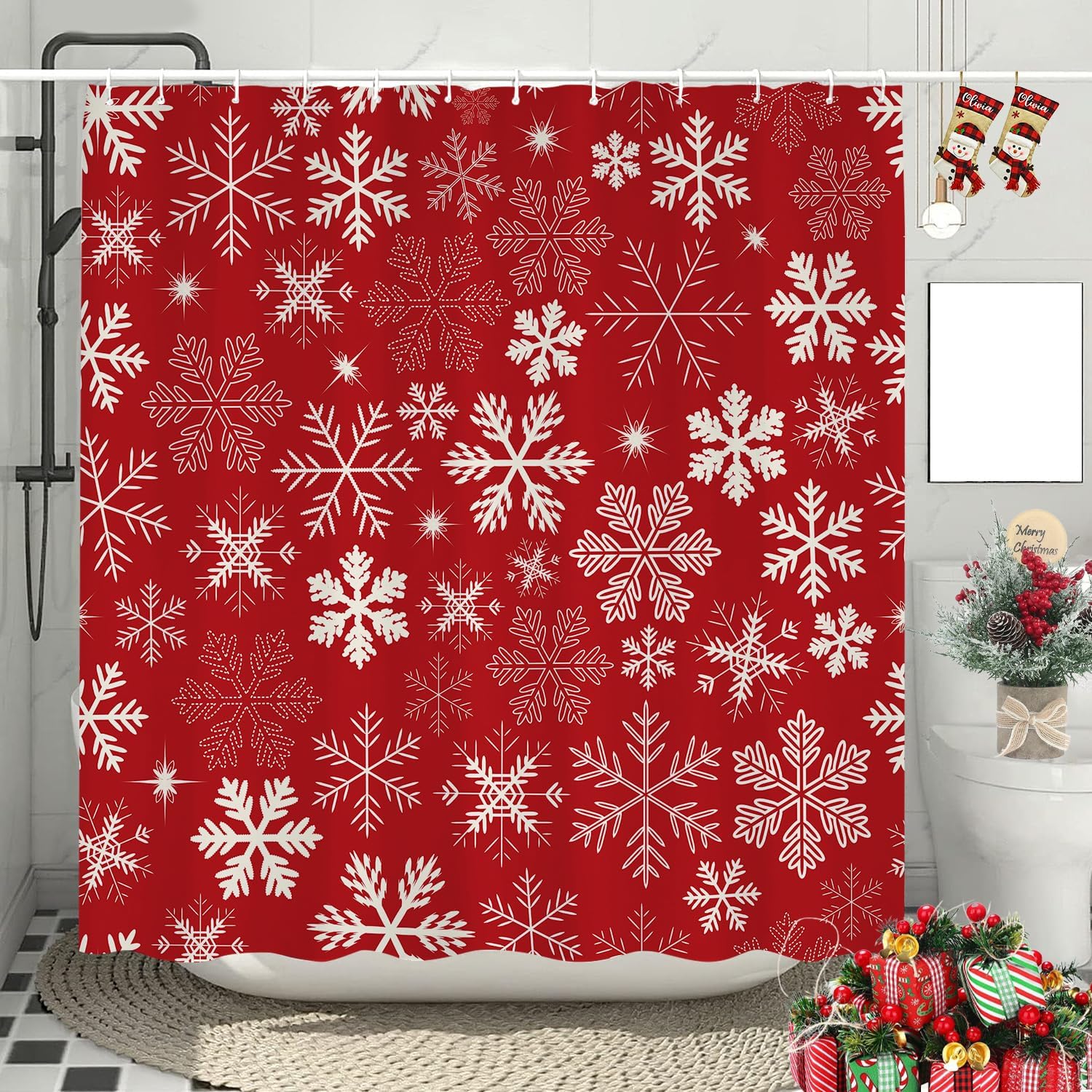 Christmas Red Snowflake Shower Curtain Set