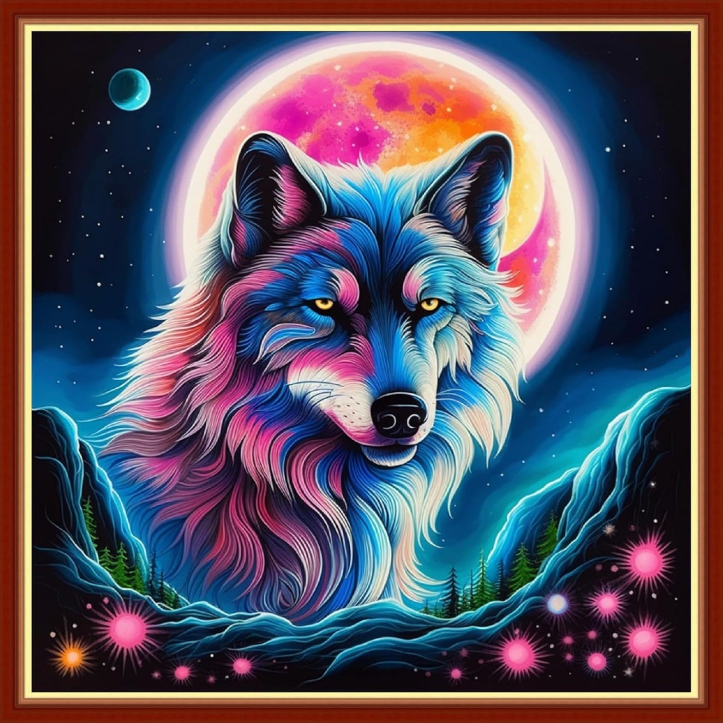 Foxhool Beginners Cross Stitch Kits for Colorful Moon Wolf