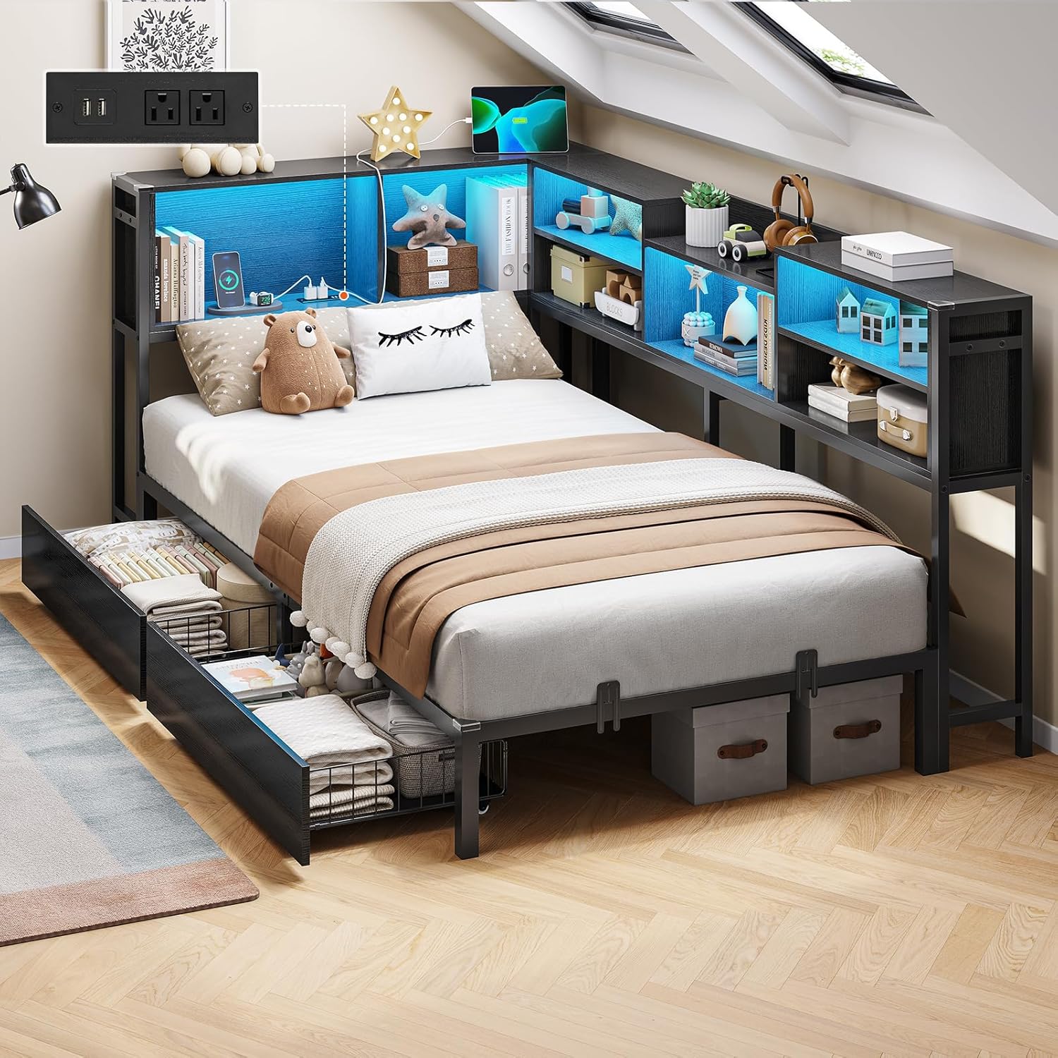 DICTAC Corner Twin Bed Frame with Bookcase and LED Lights