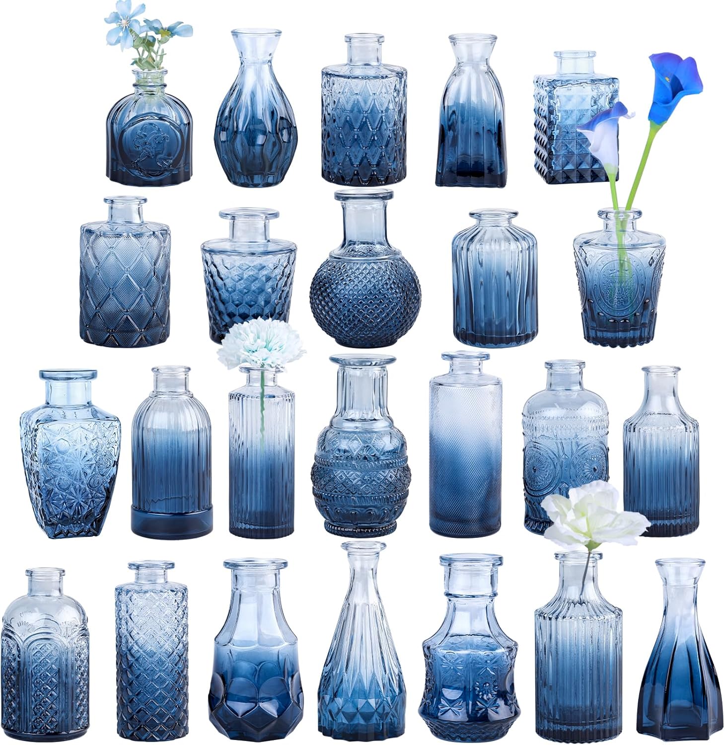 24Pcs Blue Glass Bud Vases Set for Elegant Home Decor