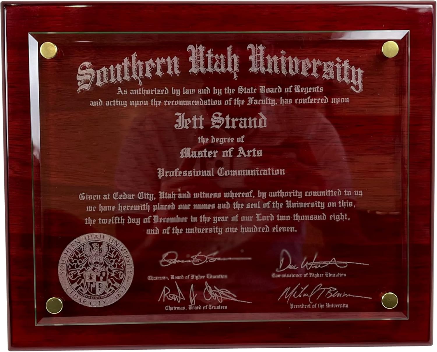 Floating Glass Diploma Frame with Custom Engraving Options