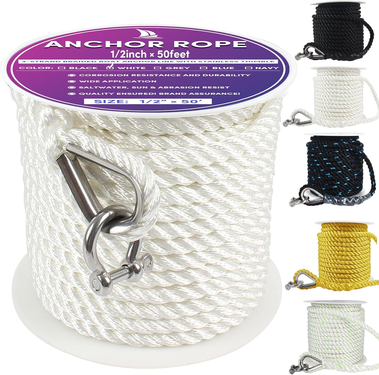Boat Anchor Rope 50 ft x 1/2 inch for Towing and Docking