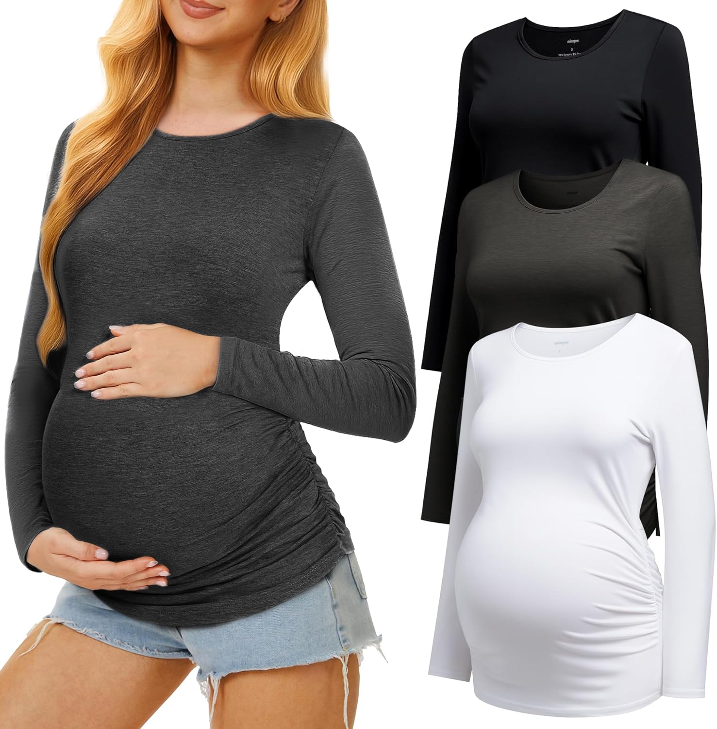Maternity Shirts Long Sleeve Pregnancy Top for Women - 3 Pack