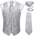 Mens Paisley Vest Tie Set with Lapel Pin Tie Clip - Silk Silver Style