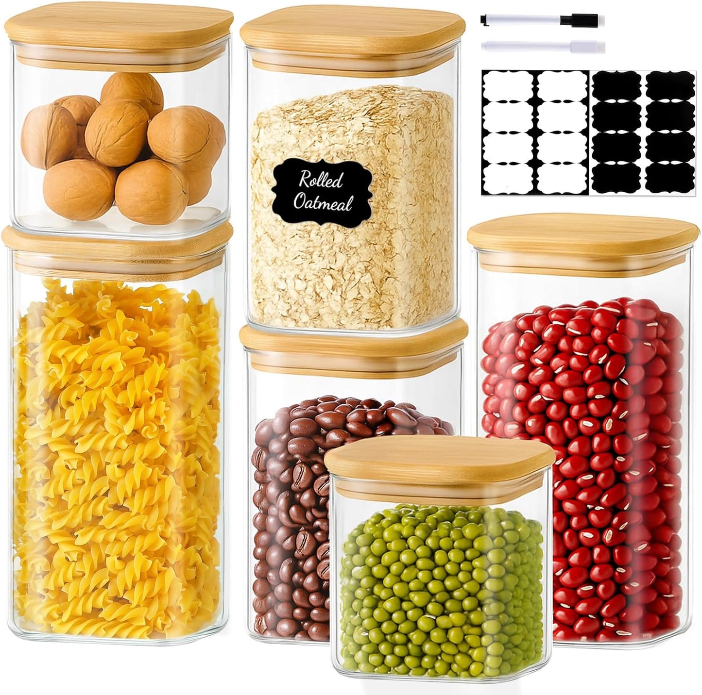 6 Pack Square Glass Storage Containers with Bamboo Lids for Kitchen