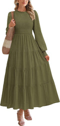 Women's Long Sleeve Maxi Dress Smocked Neck Swiss Dot - Flowy Fall Fit