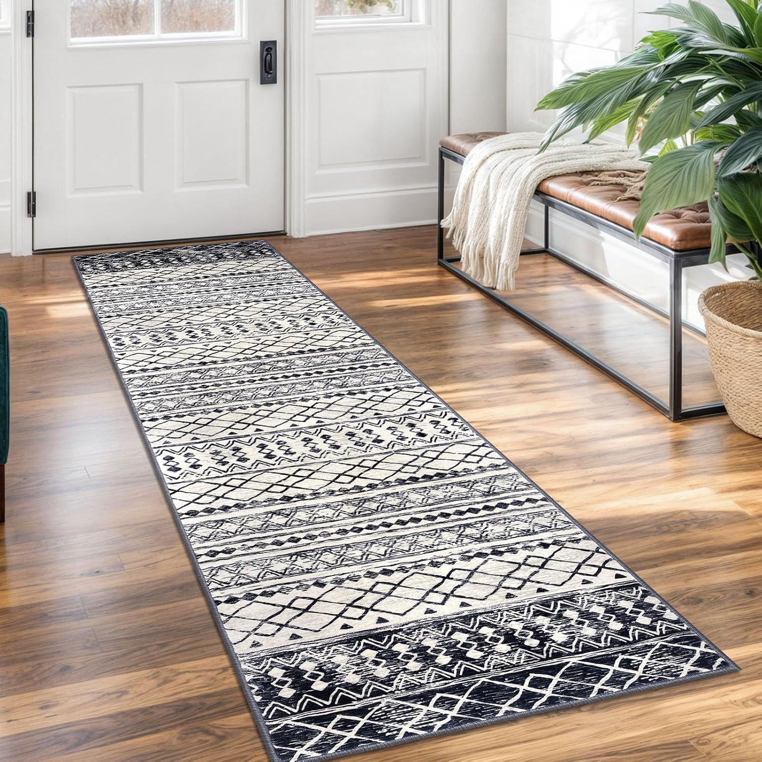 KUTA Moroccan Washable Kitchen Rug - Vintage Black Navy Blue